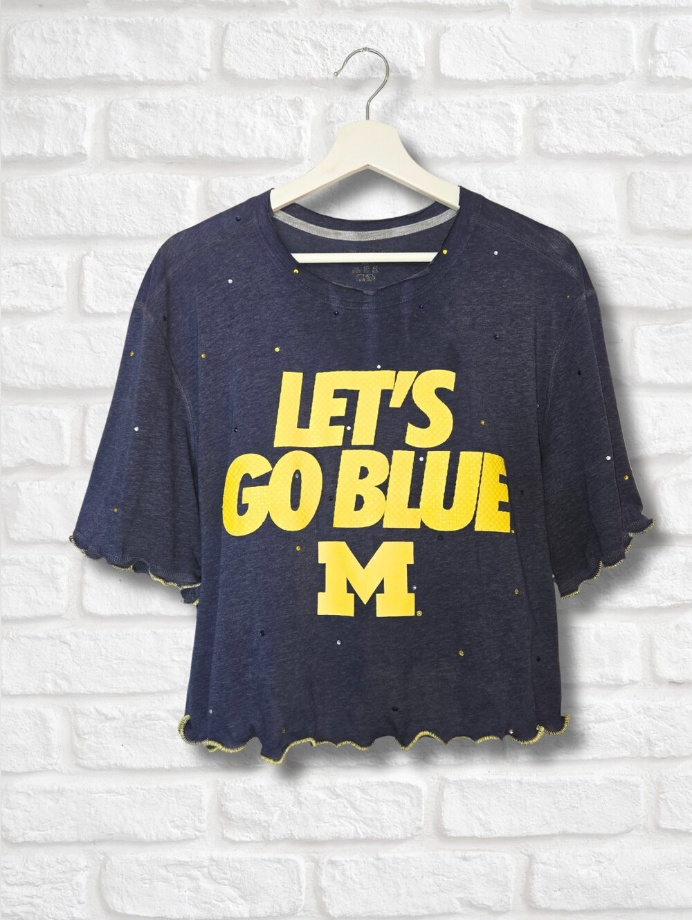 Michigan Wolverines Ruffle Crop Top W/Rhinestones